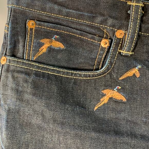 36 Indigo Cotton Selvedge Twill Straight Embroidered Birds Jeans - Picture 3 of 10